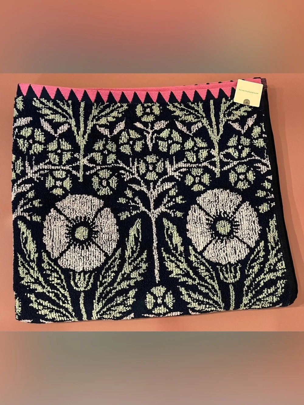Anthropologie Ellen Merchant Bath Towel, Floral Navy and Pink